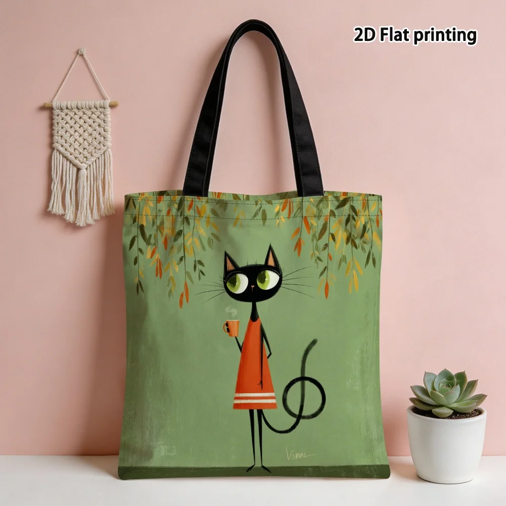 Autumn Cat with Coffee Print Tote Bag, Large Capacity Durable Polyester Reusable, 2D Printed Design Lightweight Foldable