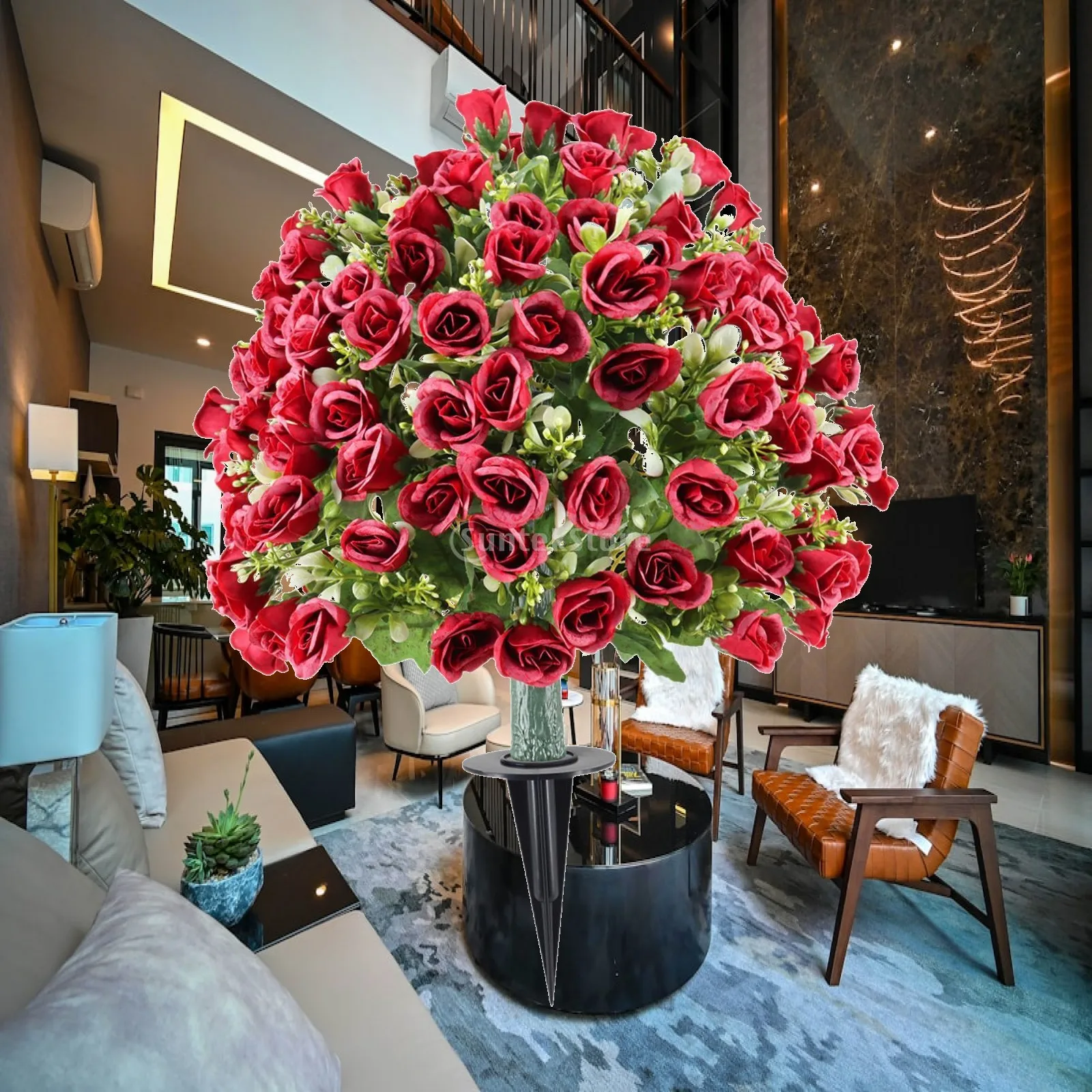 

Faux Greenery Shrubs Artificial Roses with Ground Spike for Balcony Entryway Garden Decorations and Home Interior Decor