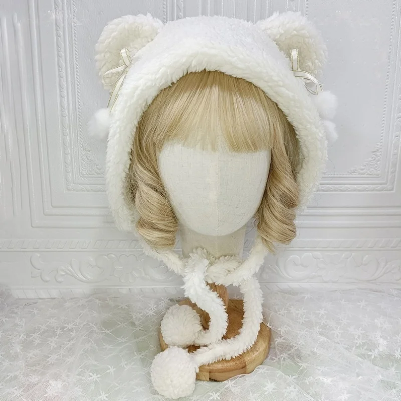 

Original Cute Bear Ears Hat Lamb Wool For Woman Hats Warm Woven Japanese Girl JK Lolita Student Hats