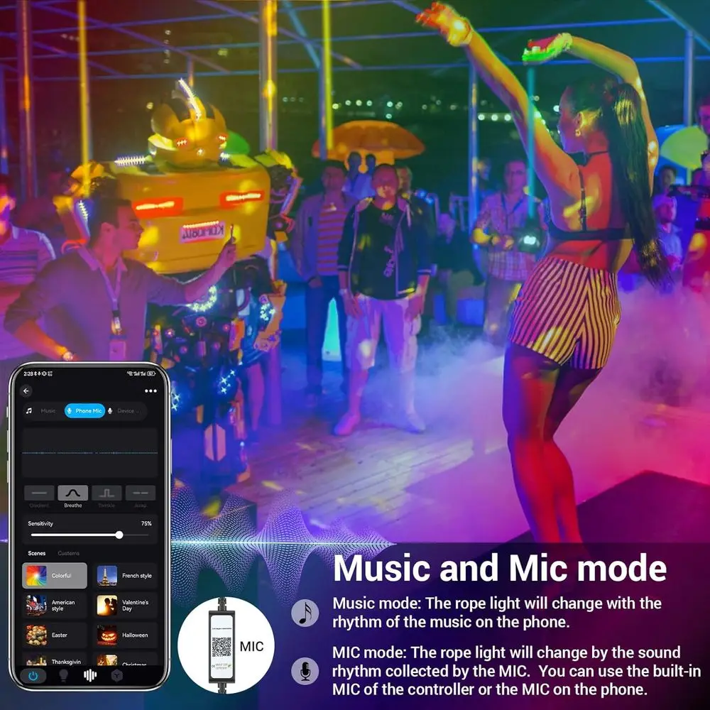 49.2ft RGB LED حبل ضوء، شريط ذكي خارجي مع مزامنة الموسيقى، التطبيق وجهاز التحكم عن بعد RF، عكس الضوء لإضاءة الحديقة والحفلات، 2 #2