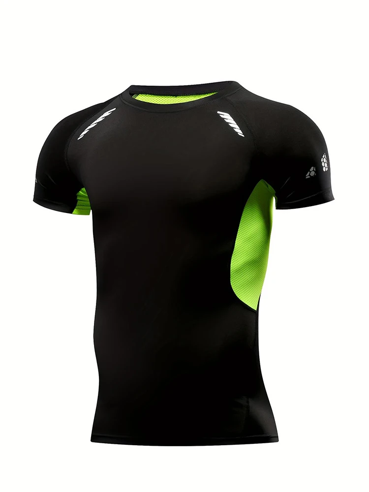 Green Edge Summer Men's High Elastic Short Sleeves, Tights Quick-Drying tops Sports Fitness Clothes Basketball Football Running