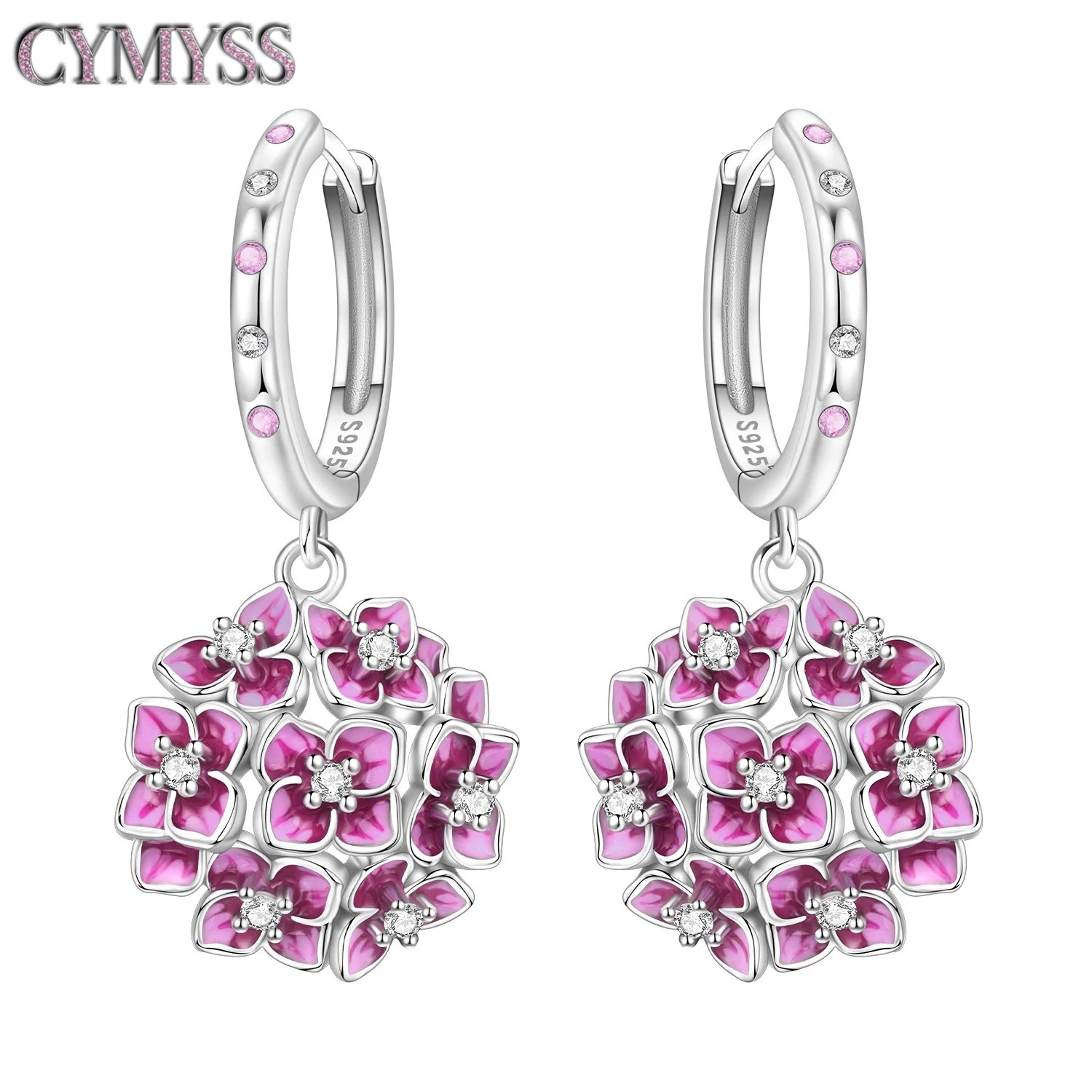 Original 925 Sterling Silber Blumen-Ohrringe mit Farbverlauf in Lila, Hortensien-Design, Feiner Schmuck, Geschenk für Frauen und Mädchen, für Alltag und Party