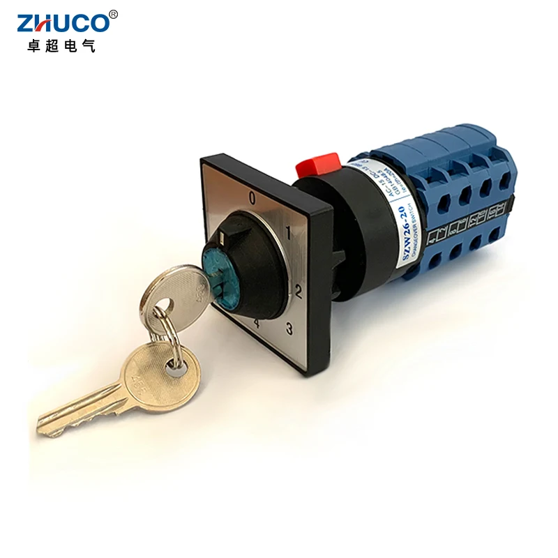 ZHUCO SZW26/LW26-20/0-4.4Y 20A 660V 5 Positions 4 Pole 16 Terminals Changeover Selector Universal Rotary Cam Switch With Key