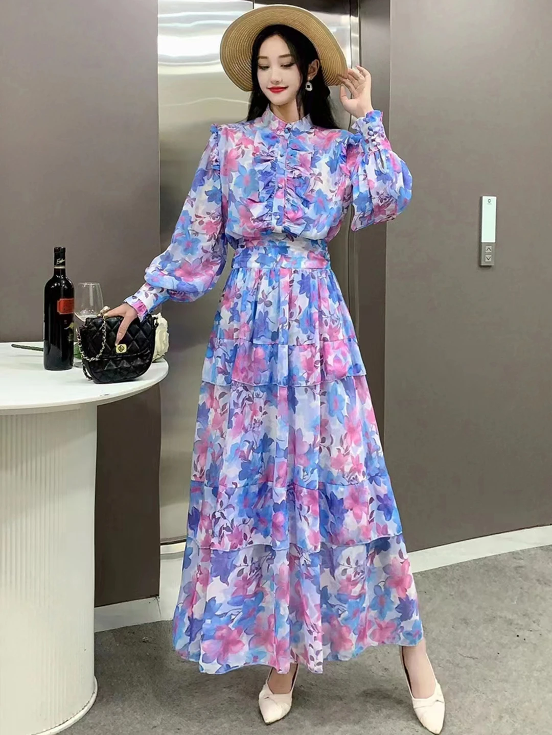 2023 New Spring Autumn Women Chiffon Floral Skirt Suits Sweet Ruffles Long Sleeve Loose Shirt And Cake Long Skirt Two Piece Set