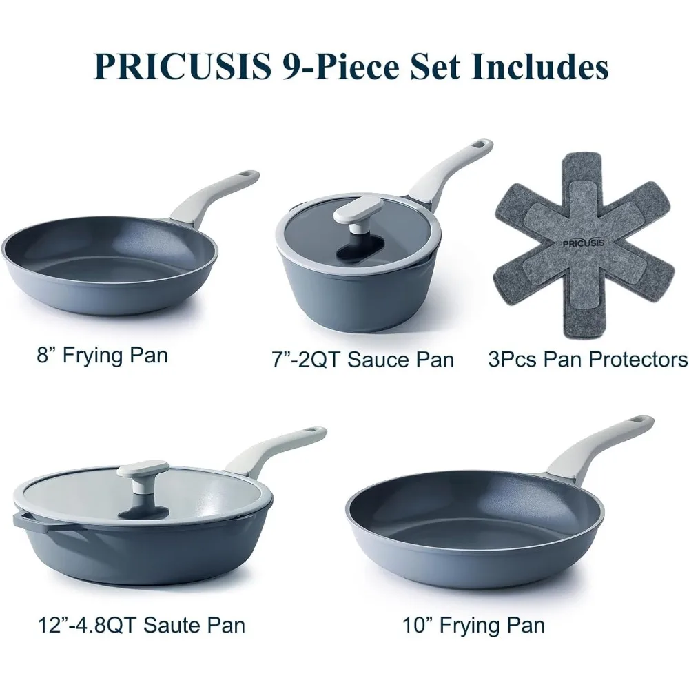 

9-Piece Ceramic Nonstick Cookware Set, PTFE/PFOA/PFAS Free, Induction Compatible Healthy Frying Pans for Family Cooking