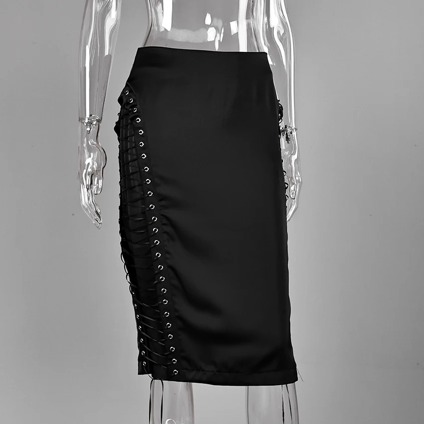Linad Street Chic Black Satin Drawstring Skirts Woman 2026 Vintage Slim High Waist Straight Skirts Casual Lace Up Skirt Female