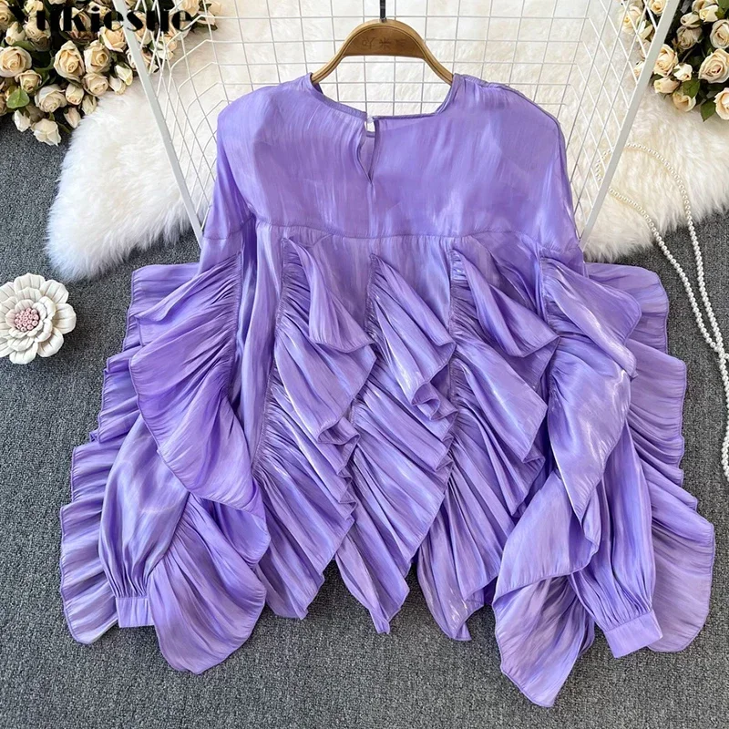 

Women Blouse 2023 Spring Autumn New European American Vintage Round Neck Ruffle Loose Long Sleeved Foreign Style Irregular Top