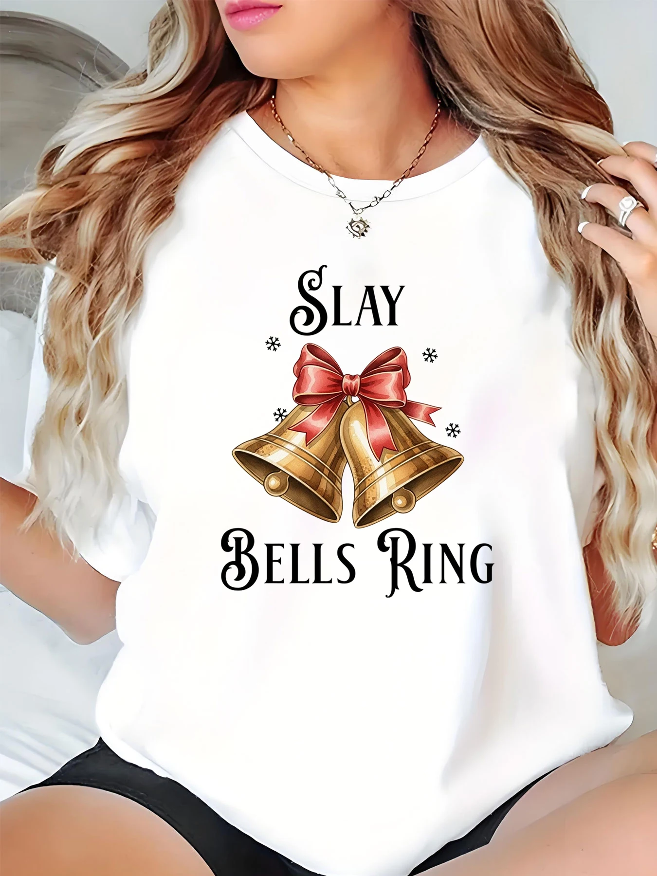 

Christmas T-Shirt Slay Bells Ring Print Women's Casual Holiday Top Festive Fashion Female Gift