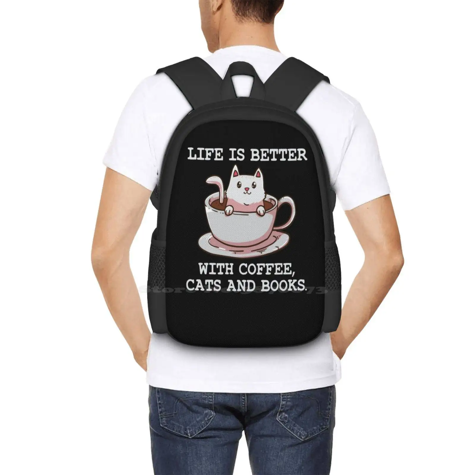 Mochila con diseño de gato para adolescentes, bolsa de diseño de gato bebedero, Anime, lectura de gusano, Neko, cafetería, mascota