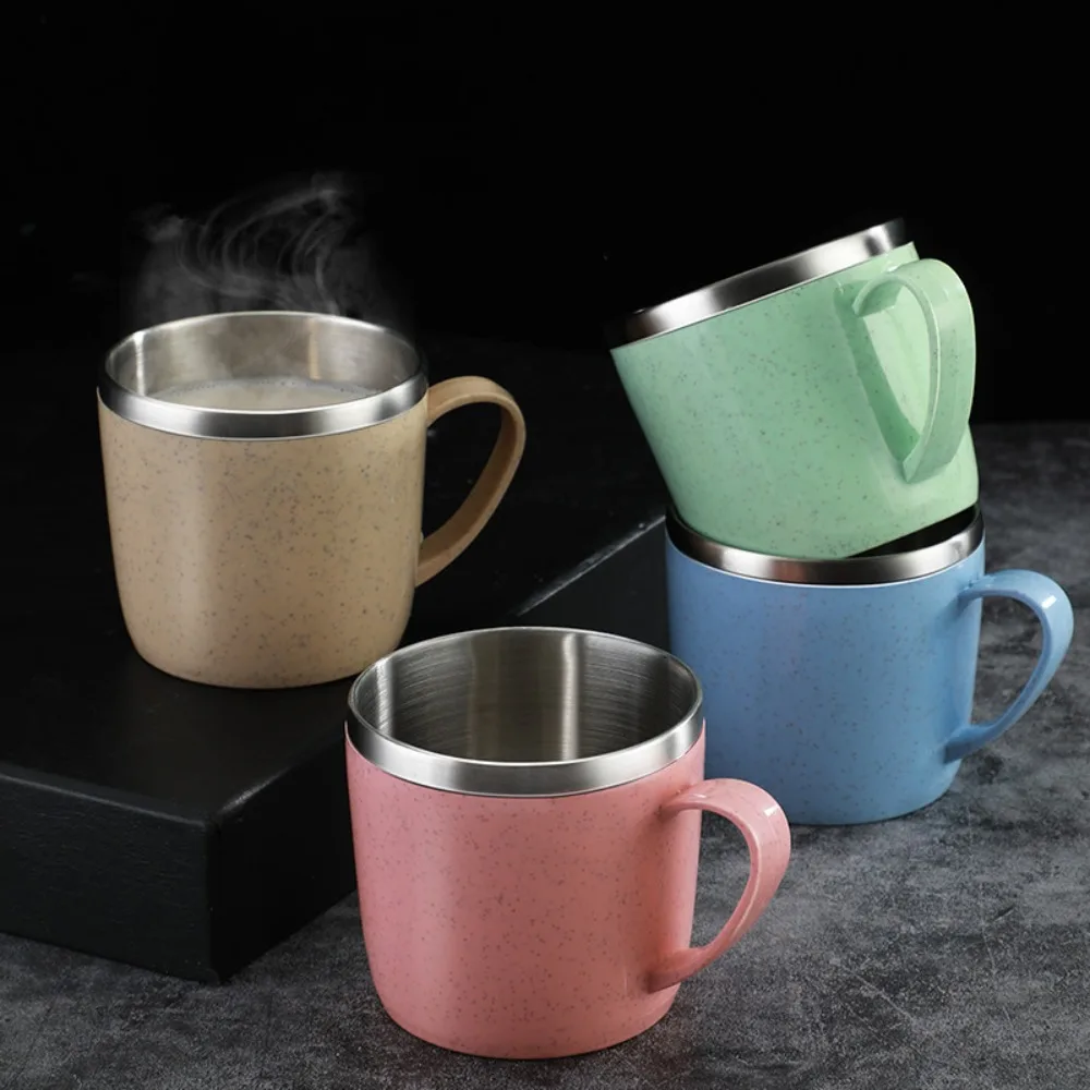 New Double Layer Anti-scalding Stainless Steel Cups Plastic Handle Coffee Milk Mug Tea Drinks Water Cup for Home Office Tumbler