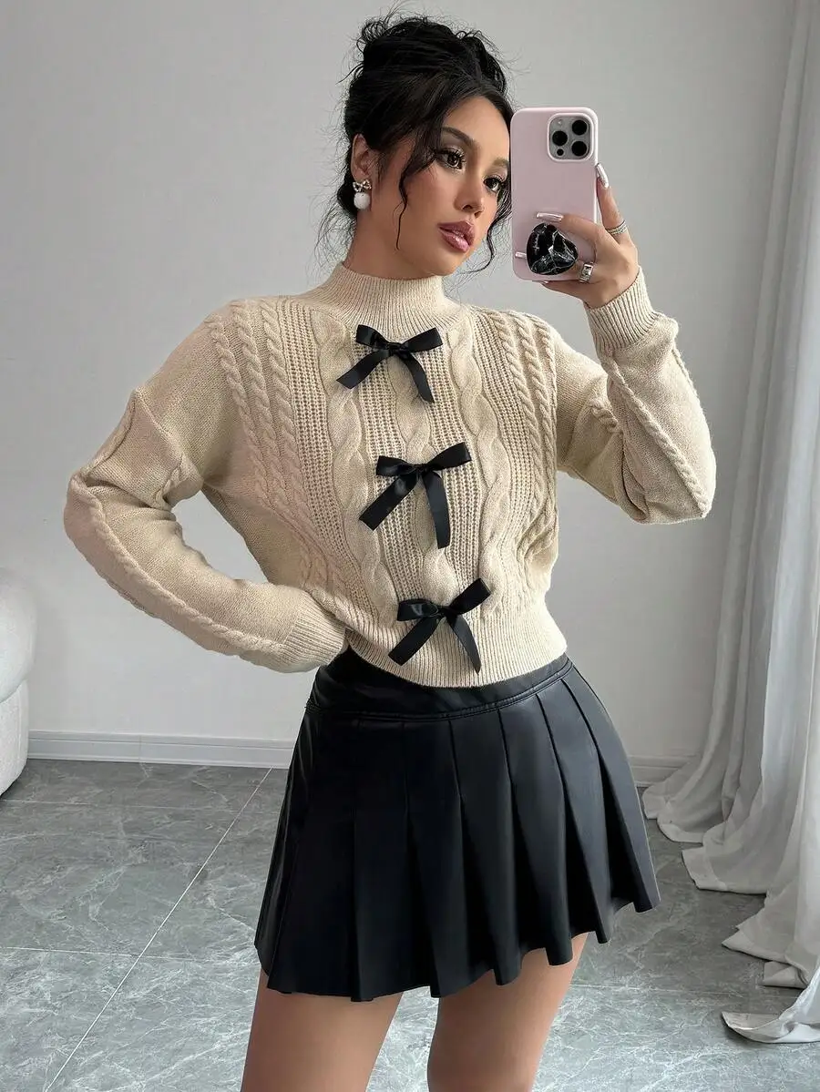 

Кремовый вязаный свитер с черными бантиками, пуловер с длинными рукавами для женщин