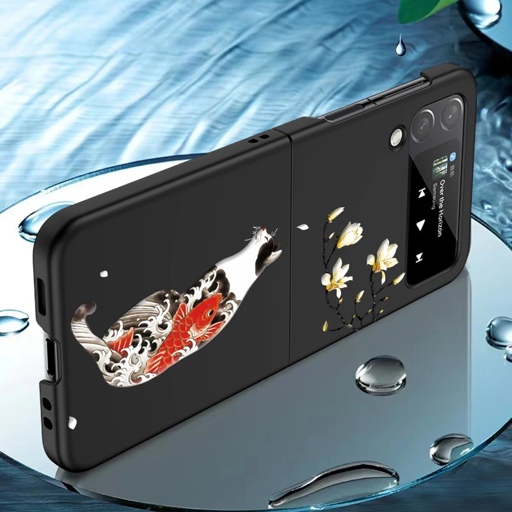 for Samsung Galaxy Z Flip 5 4 3 2 1 5G Case Liquid PC Oil Matte Cute Pattern Cat Fish Crane Shockproof Hard Cover Folding Shell