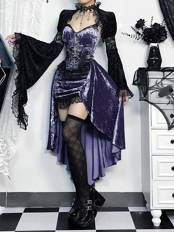 Gothic Purple Hot Girl Set loween Women's Costume Strap Dr Sexy awl Cover up Gown Polyester Long Sve V Ne