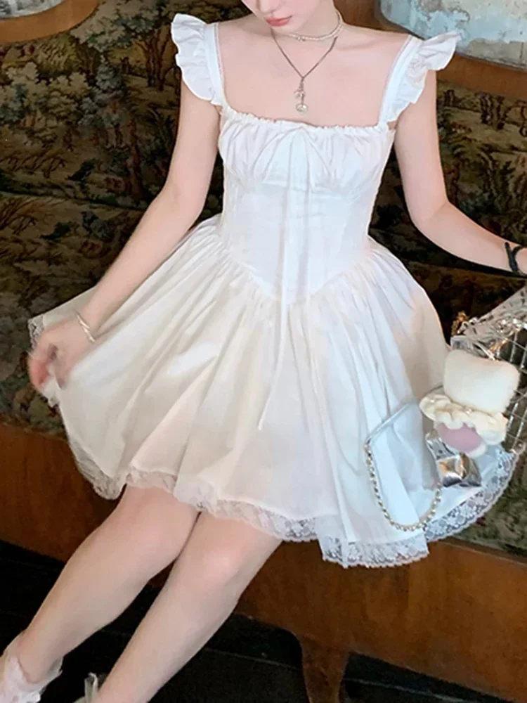 فستان حلو على الموضة الكورية الجديدة للصيف Yk2 Kawaii الجنية قطعة واحدة فستان نسائي على طراز Preppy من الدانتيل فساتين حفلات غير رسمية للسيدات