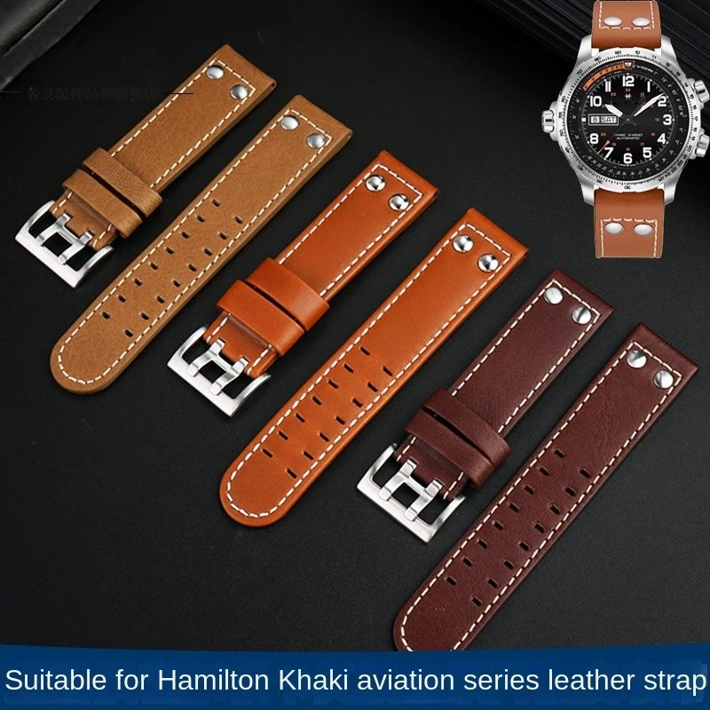 Genuine Leather jazz WatchBand For Hamilton Khaki aviation H77616533 H70615733 Men\'s Watch strap 20mm 22mm Stainless steel rivet