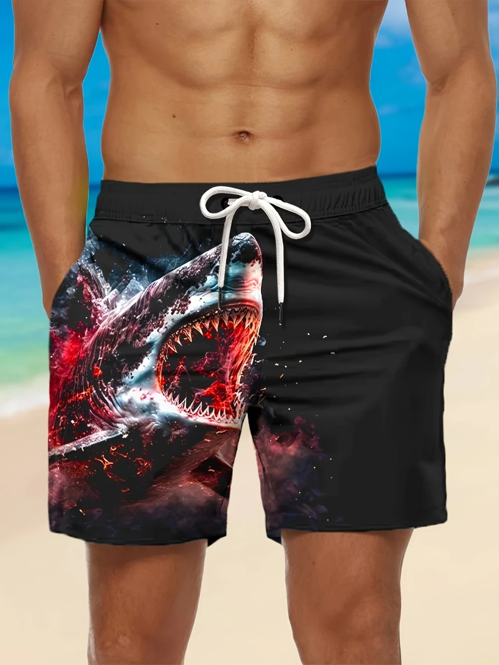 Męskie szorty plażowe z nadrukiem rekina 3D i regulowanym sznurkiem, odpowiednie na letnie wycieczki i na plażę Dynamic Summer Shorts