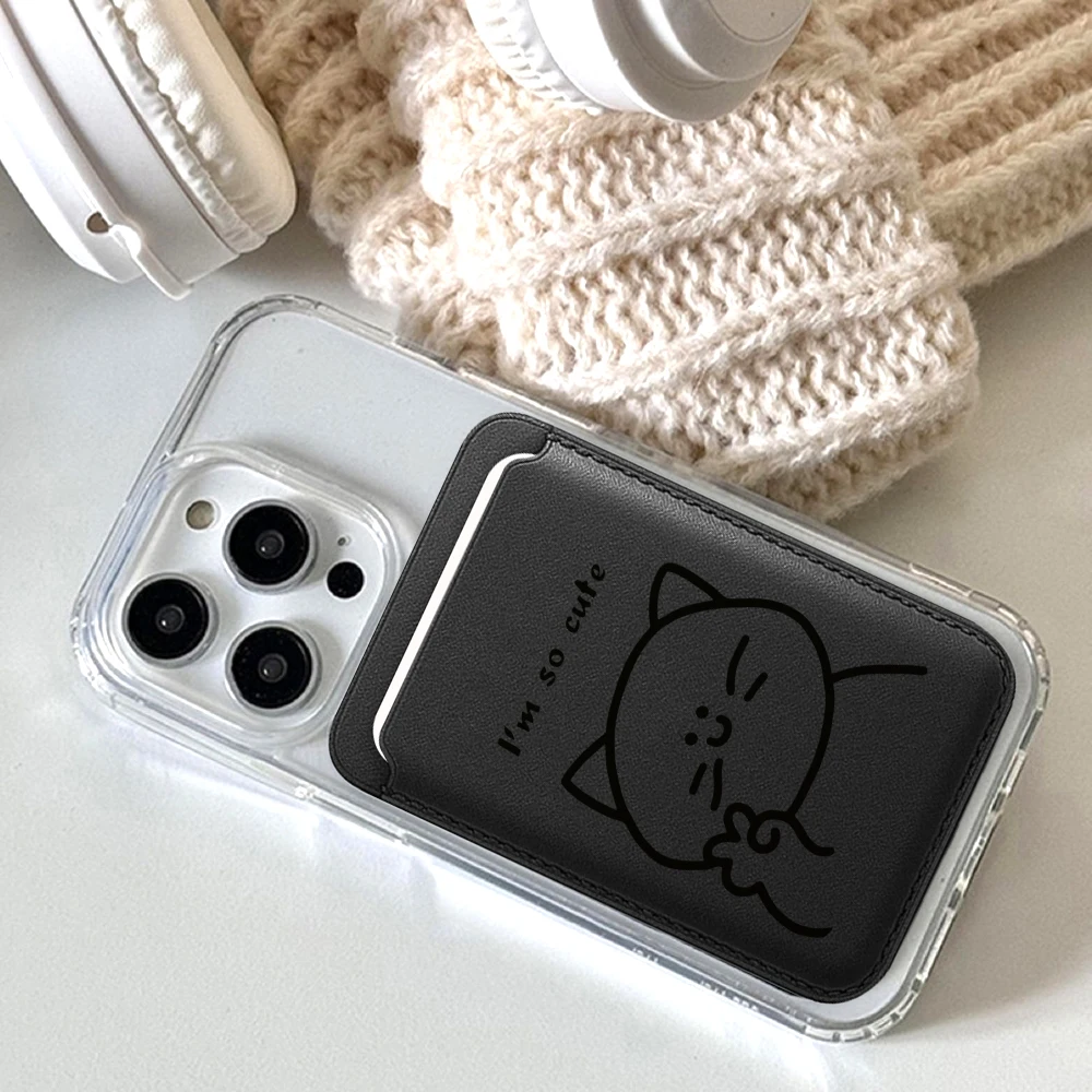 Einfache Katzenmuster-Leder-Kartenhalterhülle für Magnetische Hüllen, Geeignet für alle iPhone Magsafe Karten-Handytaschen – Detail 4