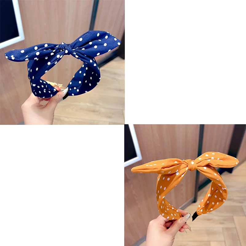 Effen kleur stof Polka Dot Bow hoofdband voor kinderen Elegant temperament Brede hoofdband Mode meisje make-up haarband