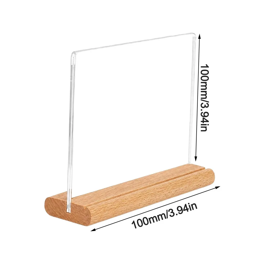 Transparent Acrylic Table Sign Card Holder Vertical Standing Solid Wood Base Price Display Stand Beech Wood Material