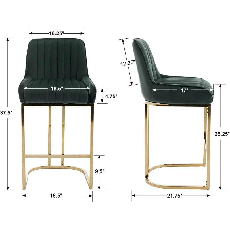 Green Modern Counter Height Bar Stools Set of 2 Comfortable Velvet Upholstered Breakfast Barstools with Back and Gold Base image 2