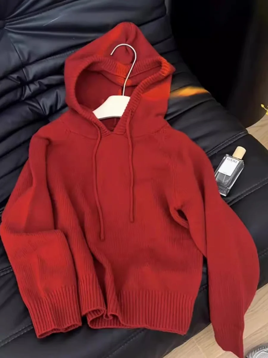 Suéter con Capucha Rojo de Navidad y Año Nuevo, Ropa Interior y Exterior para Mujer, Top de Punto Suave y Acogedor, Estilo In...