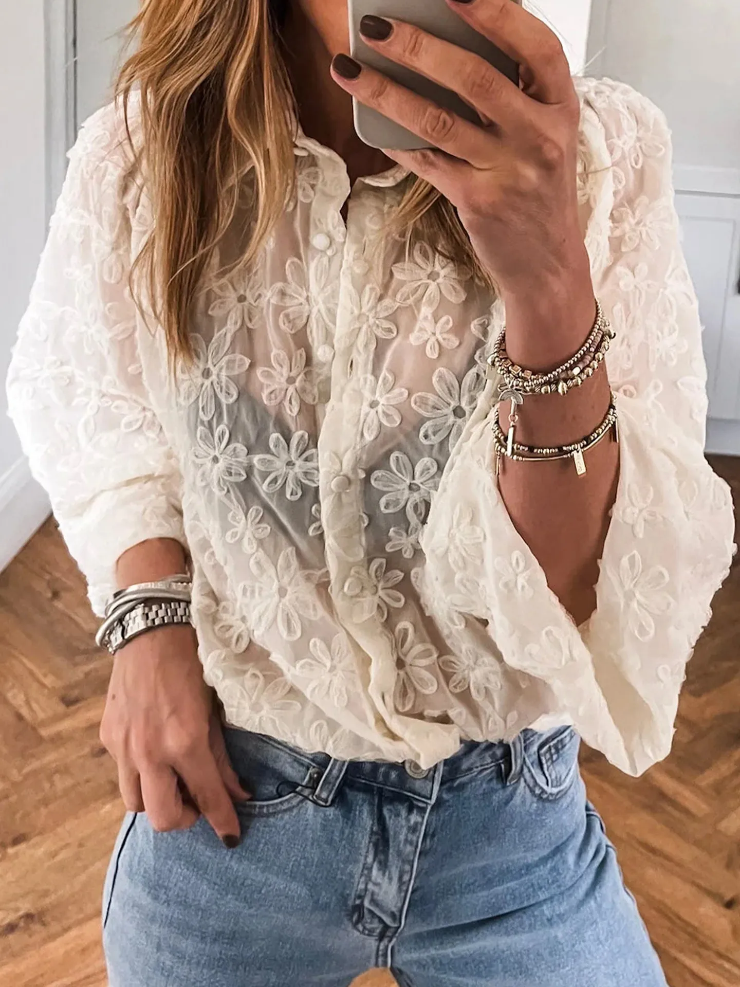 

DearLover Casual Loose Long Sleeve Women's Shirt Single Button Floral Collar Comfortable Breathable Polyester Autumn New Style