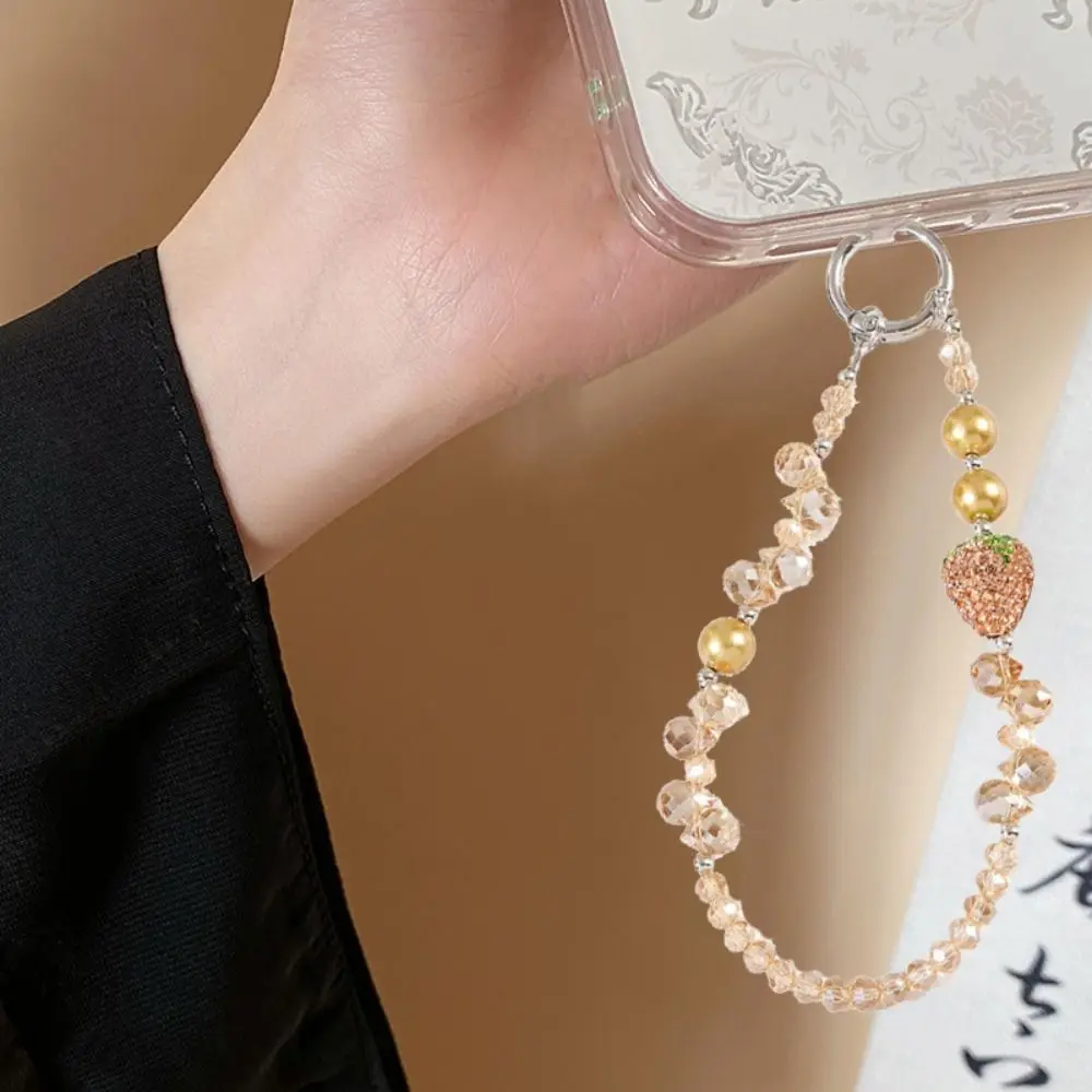 With Clip Strawberry Crystal Pendant Short Anti-lost Bling Strawberry Phone Chain Light Luxury Style Jewelry