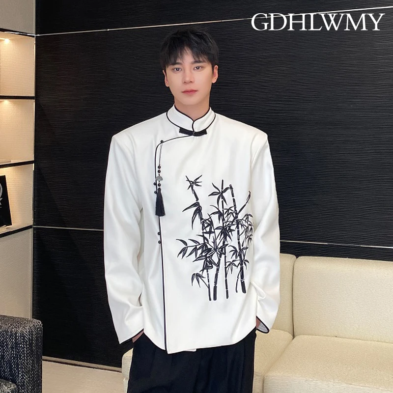 

GDHLWMY Autumn new Chinese style embroidered bamboo stand collar plate men's and women's suit temperament Zen style jacket