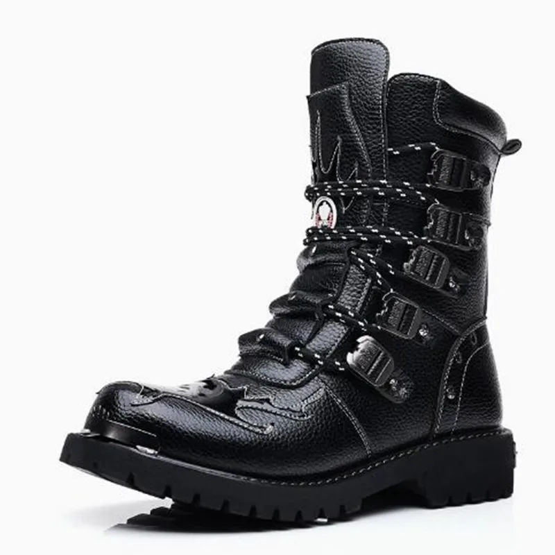 Fashion Men Motorcycle Boots Mid-Calf Punk Rock Punk PU Leather Black High Top Mens Casual Boot Steel Toe Shoes Big Size 38-46 - view 4