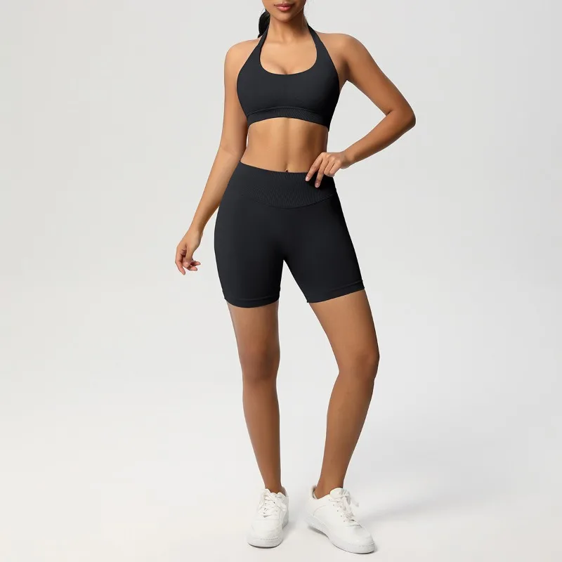 

Women's Casual Seamless Yoga Set Quick Drying Back Tight Fitting Neck Hanging Sports Bra Shorts Set Outdoor Running Fitness Suit