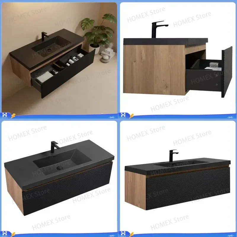 48 Inch Black Floating Bathroom Vanity Cabinet Single Sink Combo Modern Wall Mounted Washbasin Unit Storage Shelf Home Decor