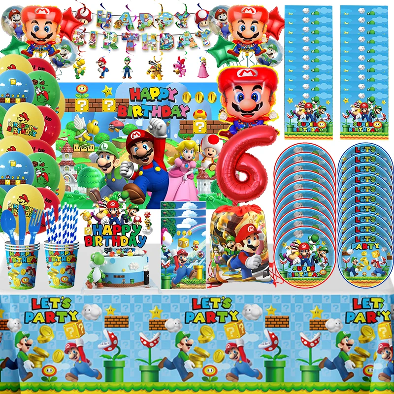 Super Marioed Bros Birthday Party Decorations Disposable Tableware Napkin Tablecloth Backdrop Decor Baby Shower Balloon Supplies