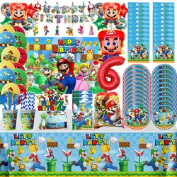 Super Marioed Bros dekoracje na imprezę urodzinową jednorazowe zastawy stołowe obrus na serwetkę tło dekoracyjne artykuły balonowe Baby Shower