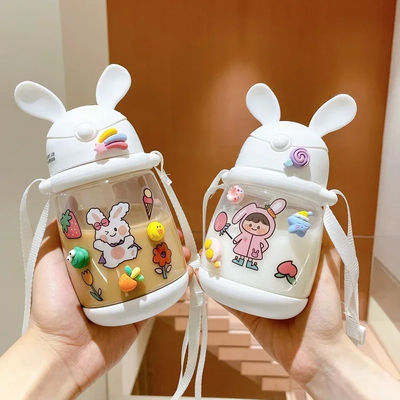 

Cute Rabbit Straw Cup Childrens Food Grade Plastic Drop-proof Portable Baby Water Cup Cute Kids Childrens Water Bottle