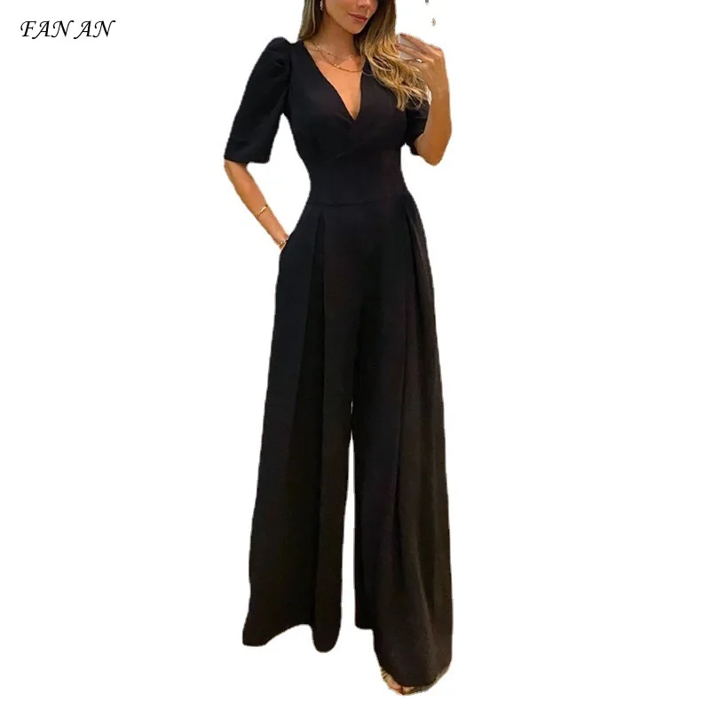 

Jump Suits For Women Spring Autumn New Fashion V-neck Solid Color Temperament High Waist Women's Wide Leg Jumpsuit Streetwear