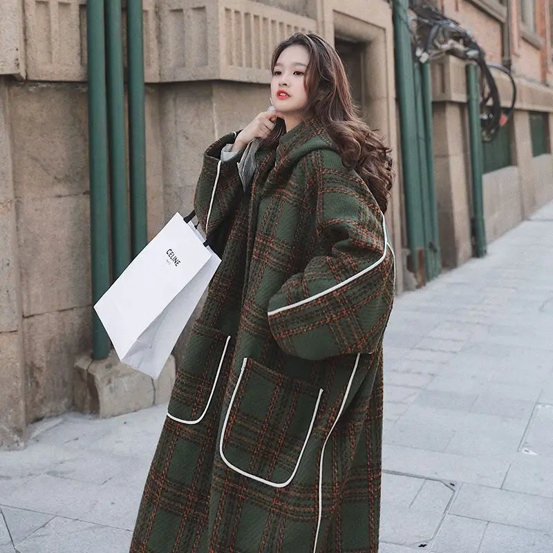 Autumn and Winter New Women's Woolen Coat Patchwork Hooded Oversized Coat