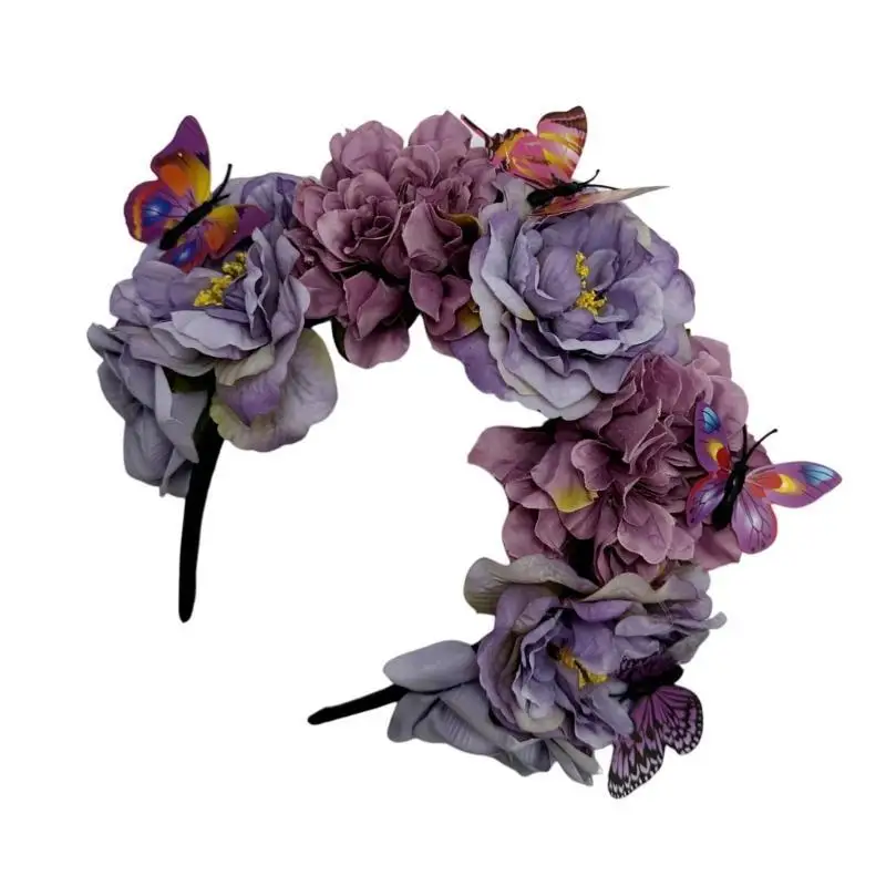 

652F Роскошная цветочная повязка на голову с реалистичной цветочной короной-бабочкой для косплея для девочек