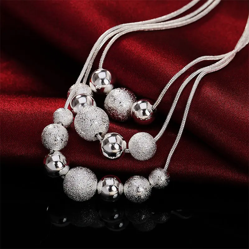 Fashion 925 Sterling Silver 18 Inches 3 Lines Frosted Beads Necklace For Women Men Charm Wedding Jewelry Accessories Wholesale