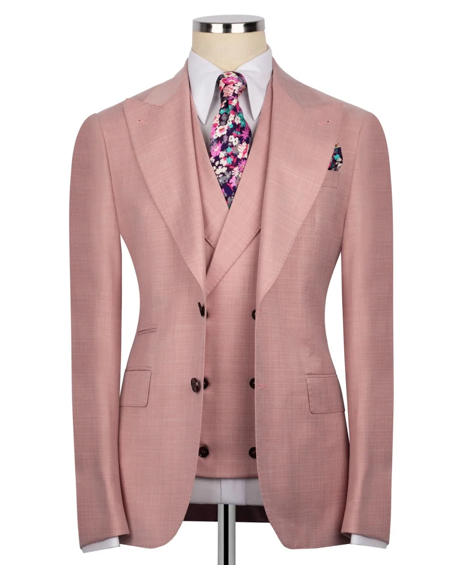 

15% Wool Peak Lapel 3pcs Men's Full Suit Pink Blazer Vest Pants Formal Wedding Party Business Wear Male Suits