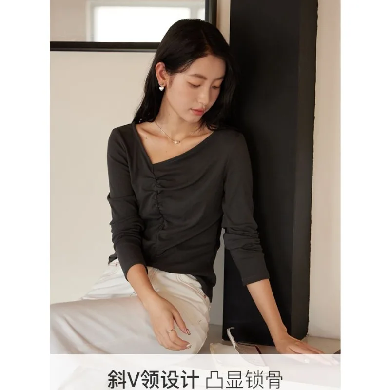 Women Asymmetrical V Neck Long Sleeve Top Front Ruched Slim Fit Basic Layering T-shirt Autumn Casual Blouse