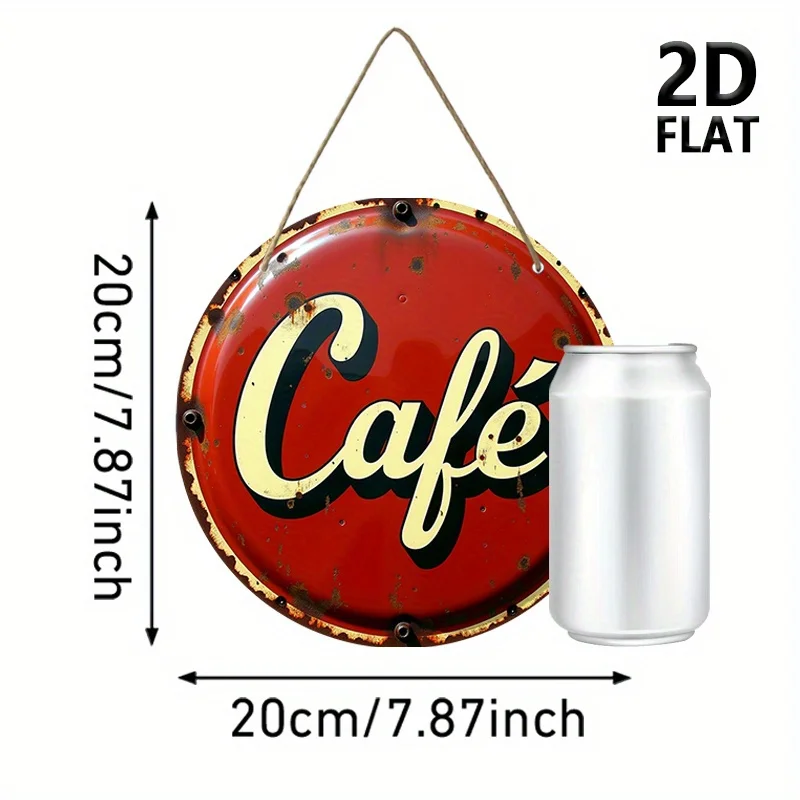2D Flat, Vintage Cafe Wall Decor Sign - 7.87 Inch Round Rustic Wooden Hanging Plaque with Red & Black Art Deco Design, Recycled