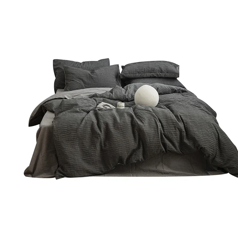 

【 Fushan Strawberry 】 Nordic style high-end gray seersucker four piece set of pure cotton, skin friendly, nude sleepi