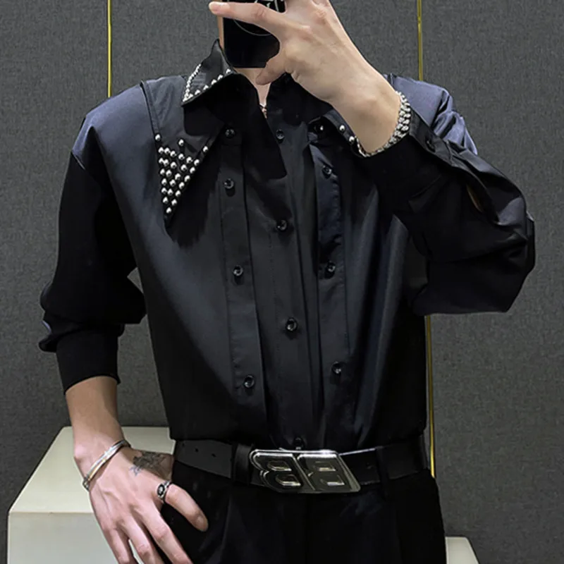 British Style The Machine Nail Bead Luxury Punk Shirt Men Dress Shirt Prom Tuxedo Hemise Homme Nightclub Shirt Camisa Masculina