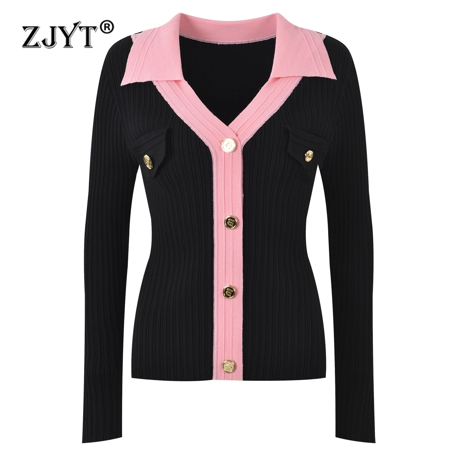 ZJYT 2024 Fashion Autumn Winter Cardigan Knitted Sweaters Women Long Sleeve Color Block Knitwears Female Tops Jersey Mujer