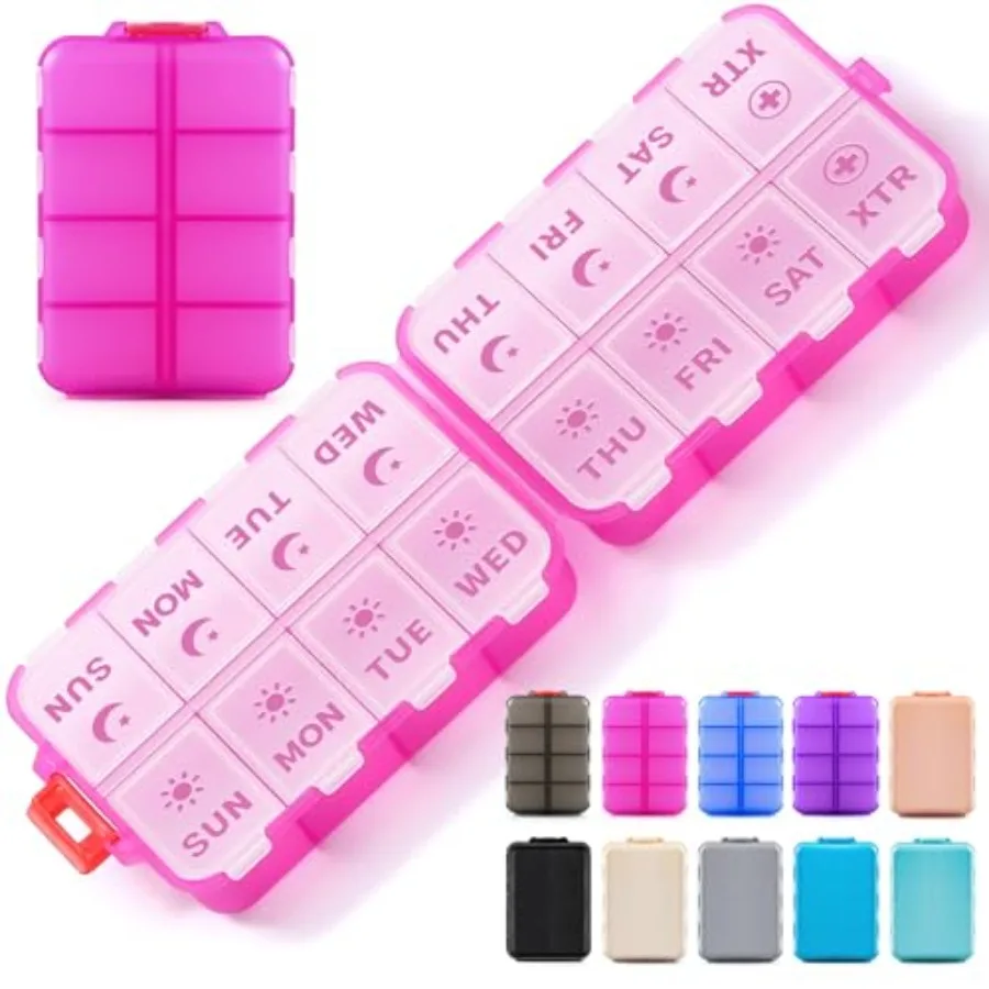 

Foldable Weekly Pill Organizer 2 Times a Day wit 2 Extra Compartments - Etced Lab - Portable 7 Day AM PM Medicine, Week Daily T