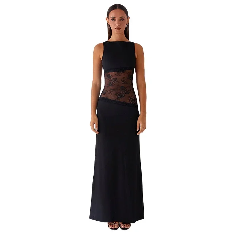 2025 New European and American Summer Sexy Slim Fit Long Dress with Lace Satin Patchwork Backless Long Dress, Slimming Dress