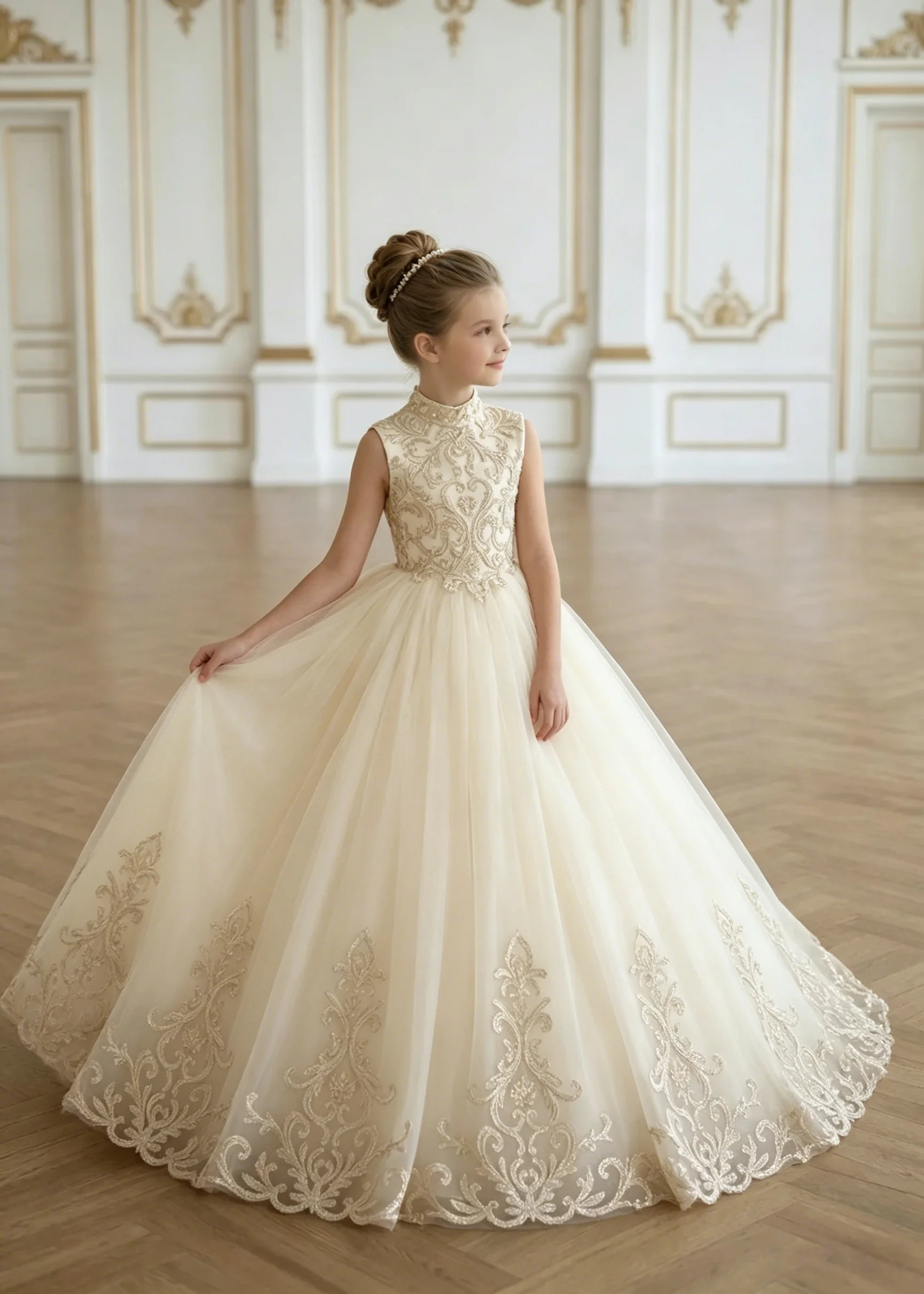 

Light Luxury Royal Wedding Princess Dress,Elegant Sleeveless High Collar Lace Mesh Tail Flower Girl Dress Girl Formal Ceremony