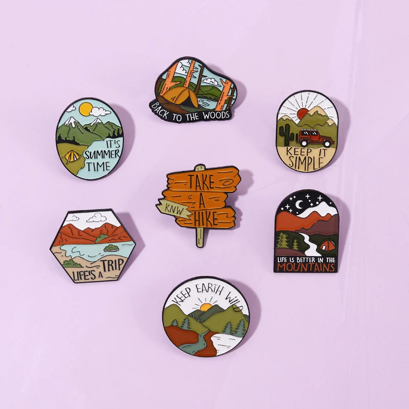 Scenic Mountain Cam Pinsg Shoes Flame Rainbow Camera Wilderness Desert Lapel Brooch Jewelry Outdoor Adventure Enamel Pin Compass