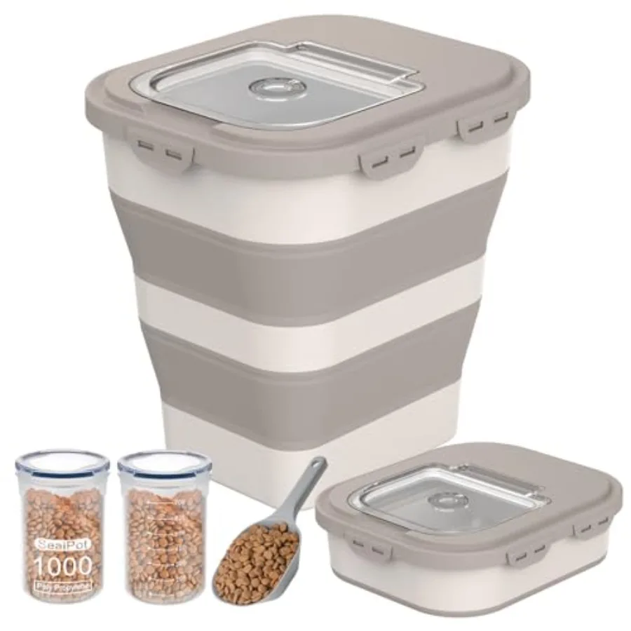 

Dog food storage container for home use, food-grade plastic, white, airtight seal with wheels, date tracker, 35-40 lbs ccity, i