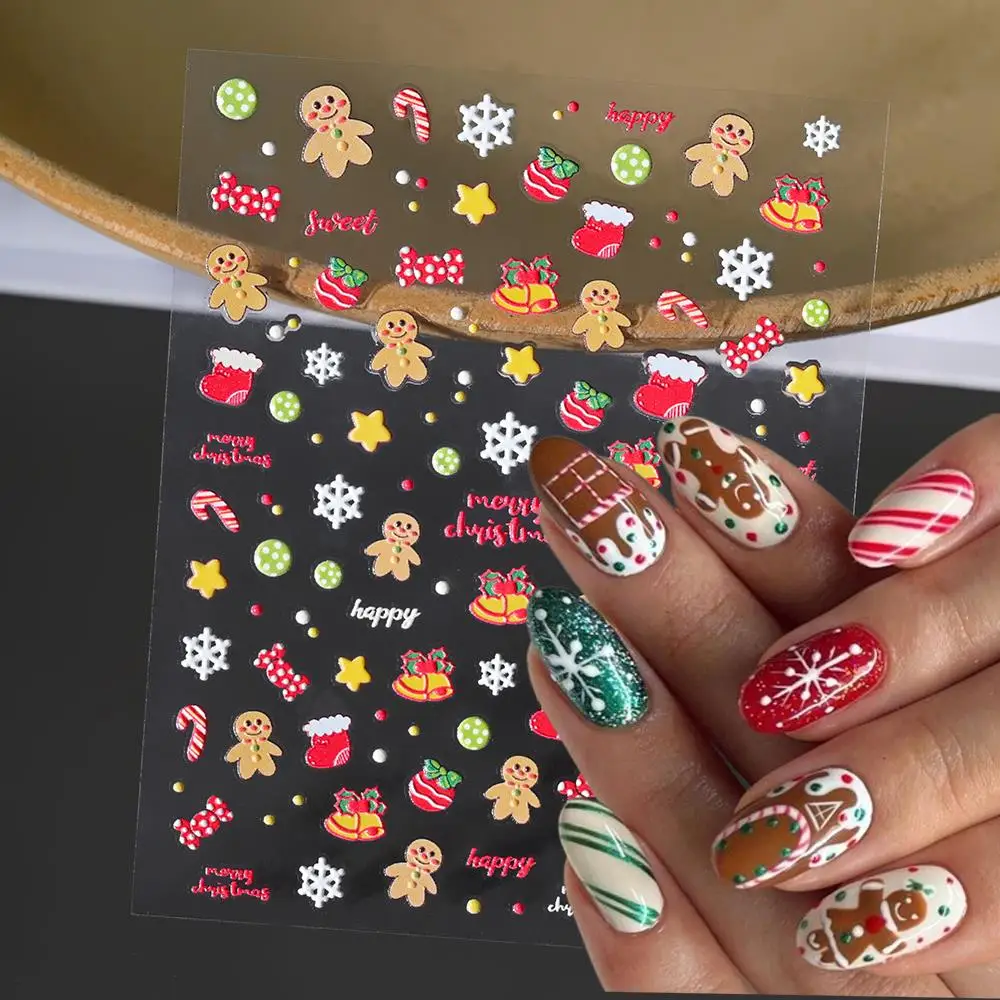 1Pcs 5D Gingerbread Man Christmas Nail Stickers Snowflakes Candy Bell Self-Adhesive Nail Decals Winter Xmas DIY Manicure Sliders